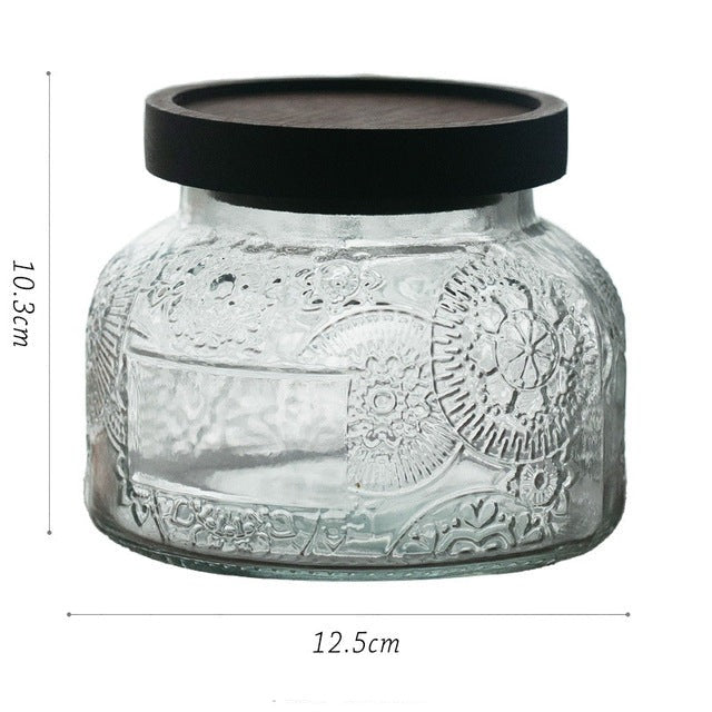 Retro Carved Wooden Lid Glass Jar