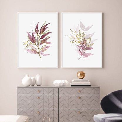 Watercolor Gold Purple Leaves Canvas Wall Art