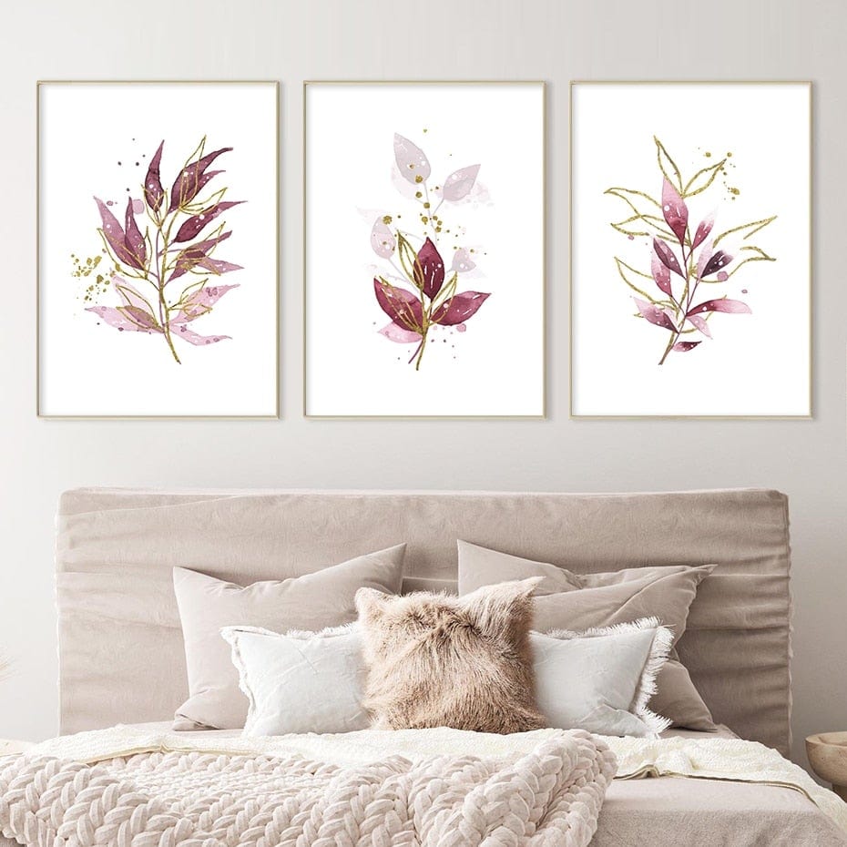 Watercolor Gold Purple Leaves Canvas Wall Art