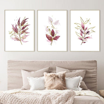 Watercolor Gold Purple Leaves Canvas Wall Art