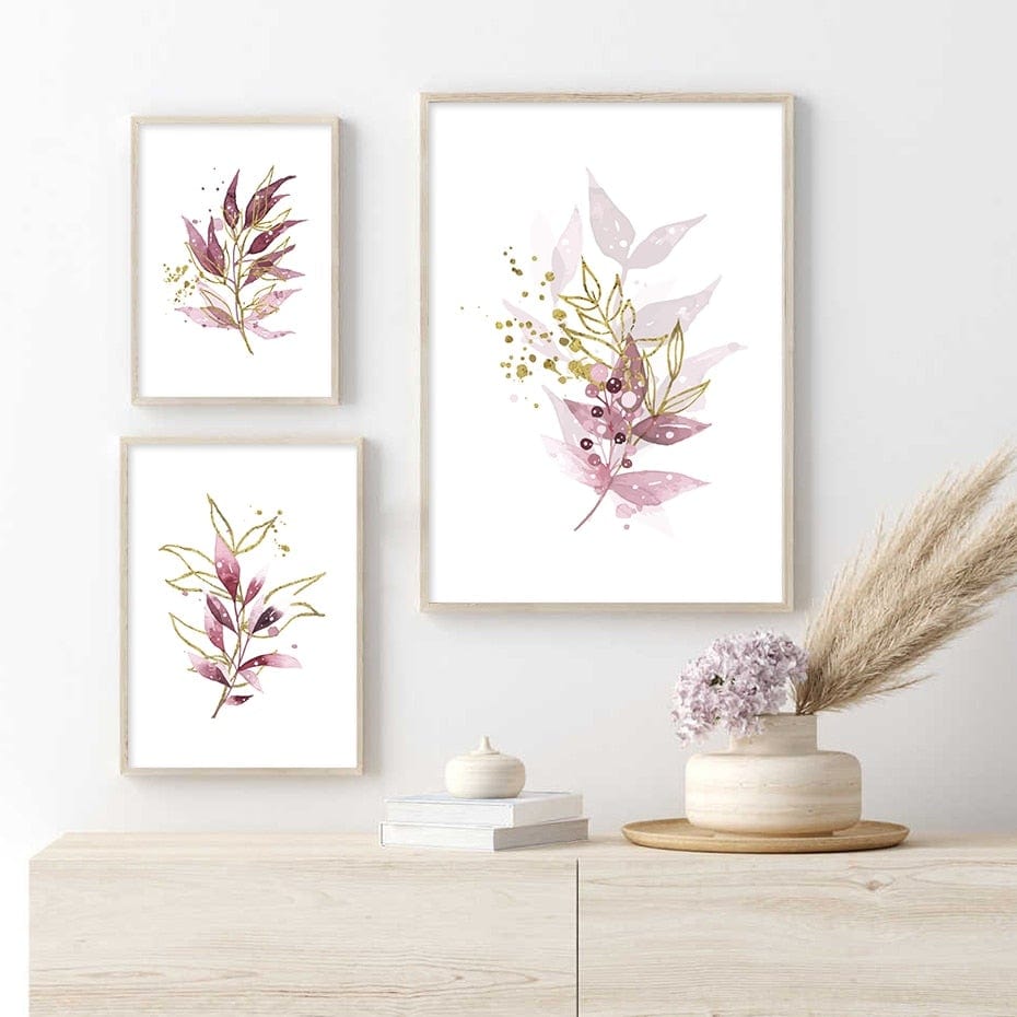 Watercolor Gold Purple Leaves Canvas Wall Art