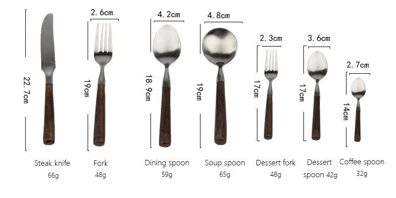 Vajilla de comida de acero inoxidable mate de madera.