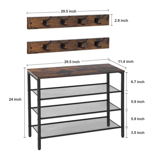 4-Tier Rustic Shoe Rack with Coat Hooks