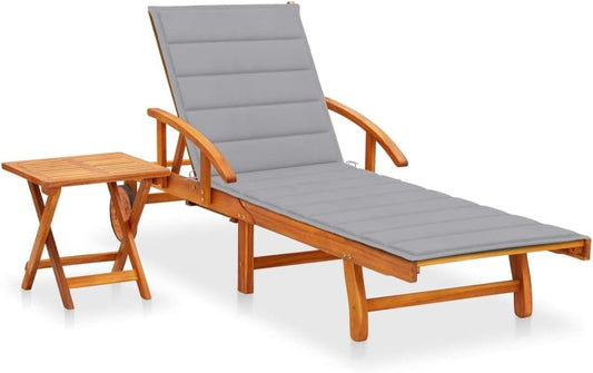 Folding Sun Lounger with Table and Cushion | Foldable Patio Chaise Lounge with Wheels | Adjustable Outdoor Sunlounger with Footrest | Wooden Garden Lounge Chair with Pull-Out Table | Solid Acacia Wood Chairs Lawn & Garden Lounge Chairs Patio Patio Furniture & Accessories Patio Seating