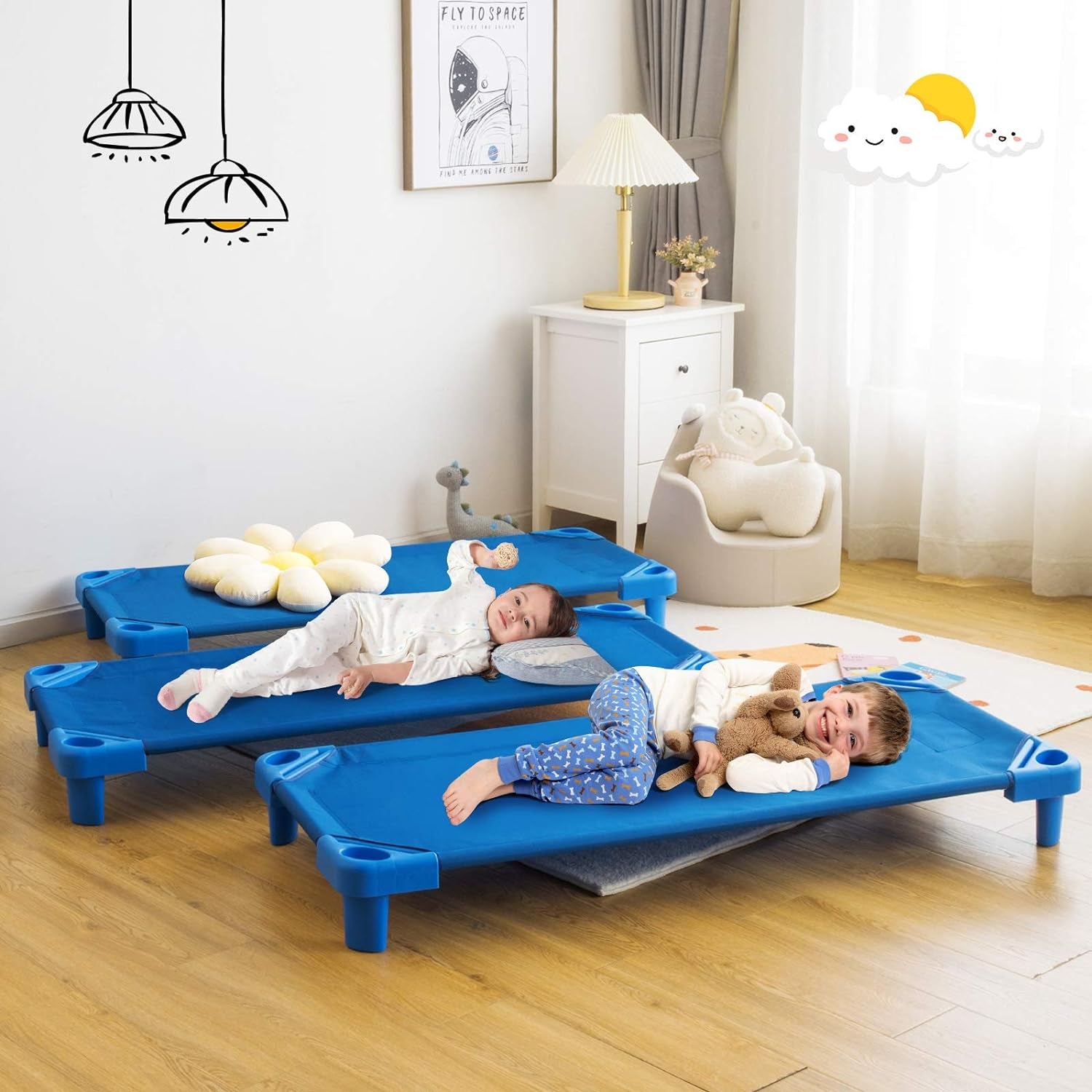 Costzon Daycare Cots for Kids, Pack of 6, 51” L X 22.5” W Stackable Nap Cots with Easy Lift Corners, Ready-To-Assemble, Preschool Classroom Daycare Beds for Sleeping, Resting, Naptime (Dark Blue) Baby Products Furniture Infant & Toddler Beds Nursery Toddler Beds