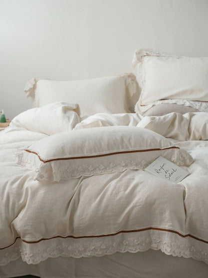Textured Ruffle Lace Trim Linen Bedding Set