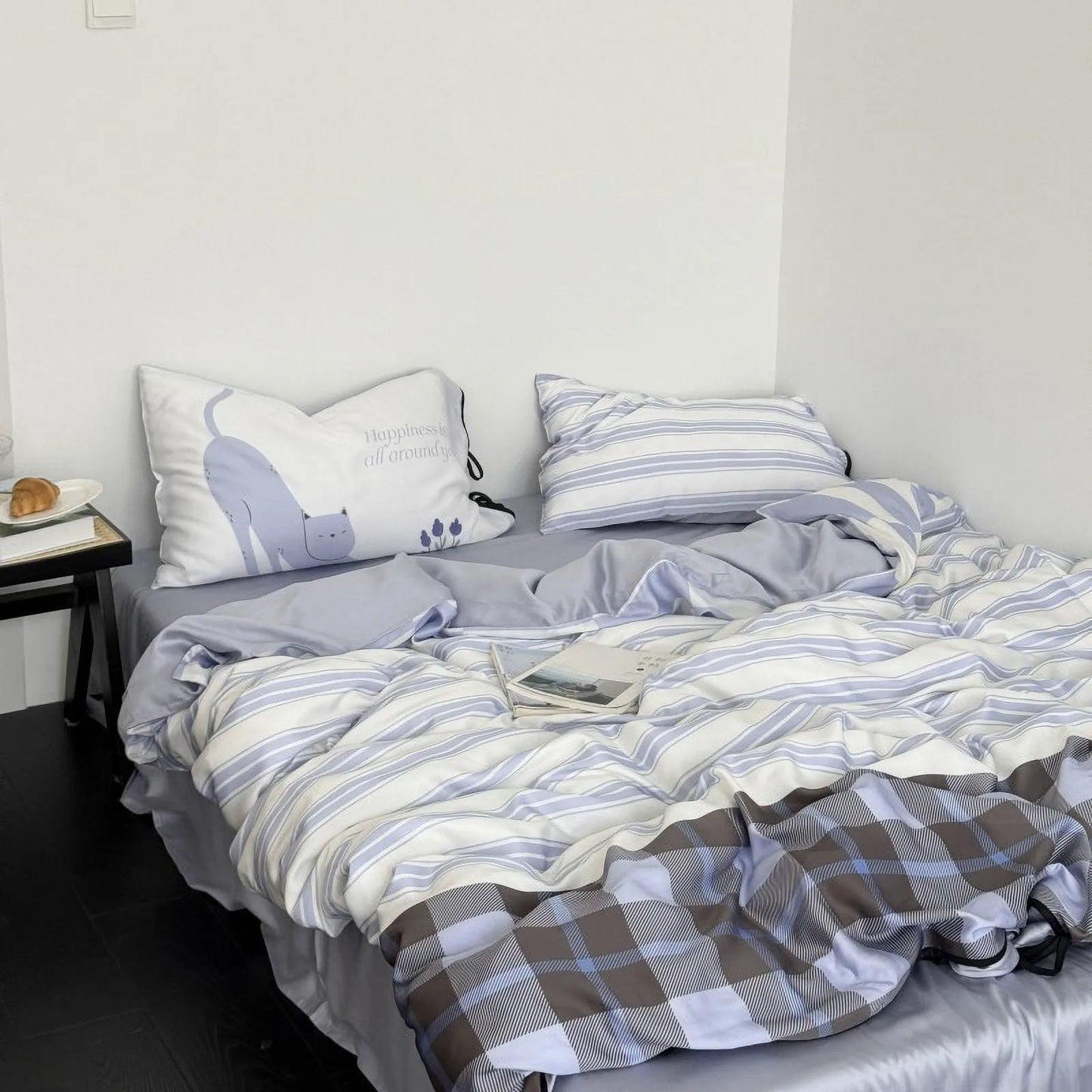 Soft Cat & Stripe Washed Cotton Bedding Set