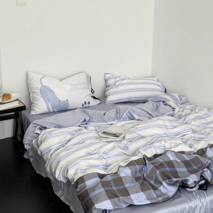 Soft Cat & Stripe Washed Cotton Bedding Set