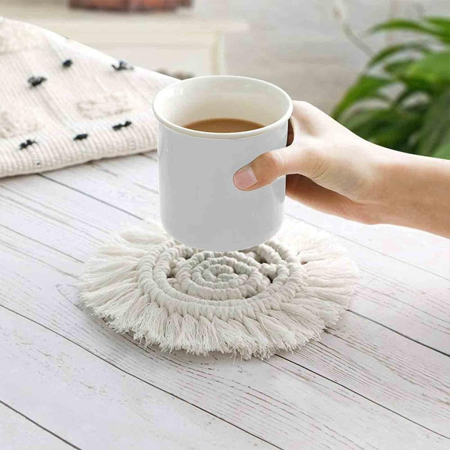 Coasters for Drinks Boho Coasters Cute Macrame Coasters Absorbent Cup Coasters for Wooden Table Desk Home Decor Housewarming Gift, 2 Set (BEGIE) Bar Tools Bar Tools & Drinkware Coasters Dining & Entertaining Home & Kitchen Kitchen & Dining