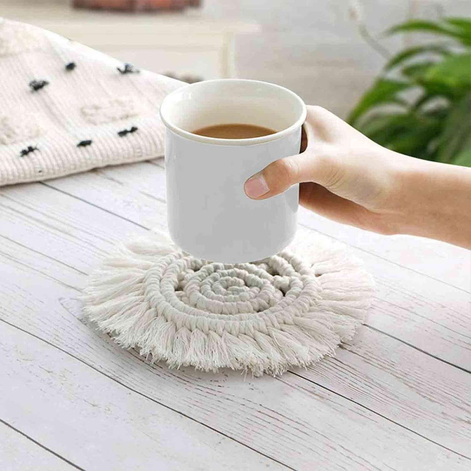 Coasters for Drinks Boho Coasters Cute Macrame Coasters Absorbent Cup Coasters for Wooden Table Desk Home Decor Housewarming Gift, 2 Set (BEGIE) Bar Tools Bar Tools & Drinkware Coasters Dining & Entertaining Home & Kitchen Kitchen & Dining