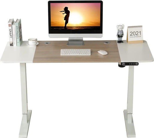 Height Adjustable Electric Standing Desk, Sit to Stand Desk Home Office Computer Desk, 55 X 24 Oak and White Top, White Frame Furniture Home & Kitchen Home Office Desks Home Office Furniture