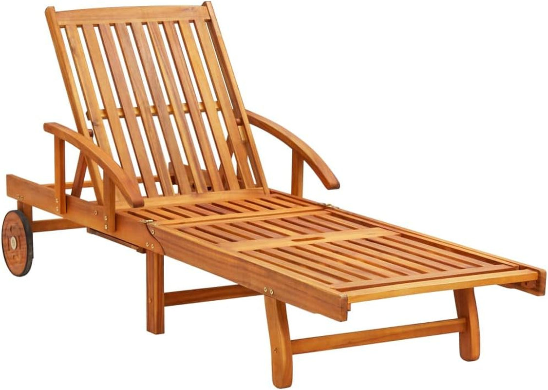 Folding Sun Lounger with Cushion | Foldable Patio Chaise Lounge with Wheels | Adjustable Outdoor Sunlounger with Footrest | Wooden Garden Lounge Chair with Pull-Out Table | Solid Acacia Wood Chairs Lawn & Garden Lounge Chairs Patio Patio Furniture & Accessories Patio Seating