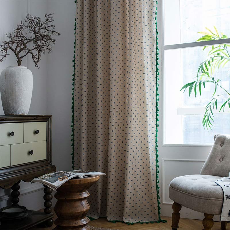 Blue Daisy Green Cotton Curtain