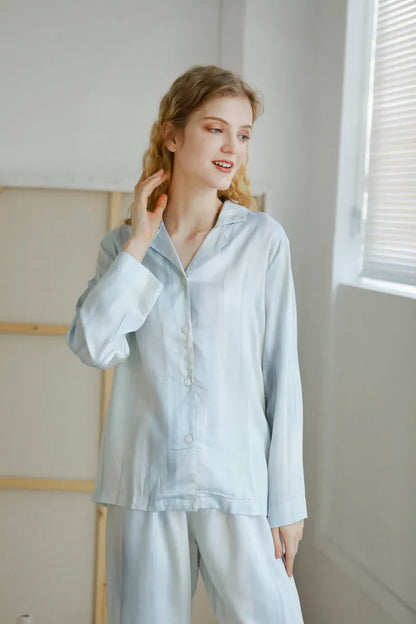 Silky Ice Blue Striped Cotton Sateen Pajama Set