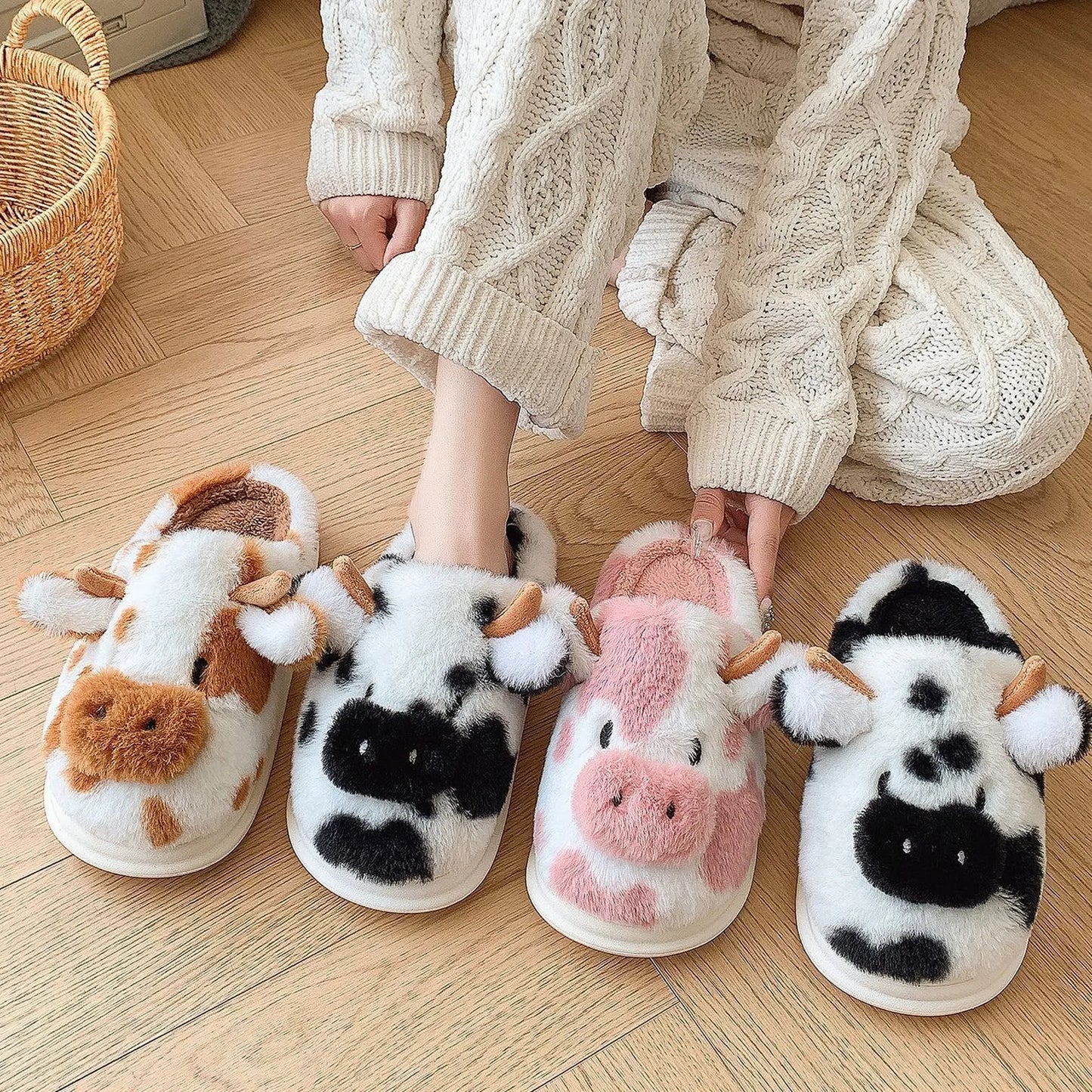 Fuzzy Cow Print Plush House Slippers