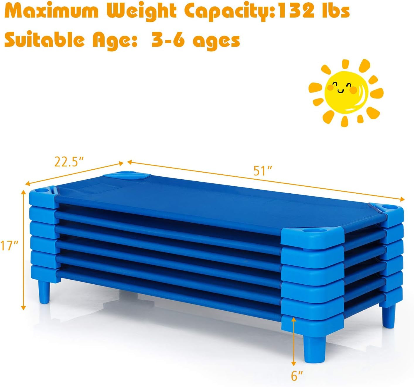 Costzon Daycare Cots for Kids, Pack of 6, 51” L X 22.5” W Stackable Nap Cots with Easy Lift Corners, Ready-To-Assemble, Preschool Classroom Daycare Beds for Sleeping, Resting, Naptime (Dark Blue) Baby Products Furniture Infant & Toddler Beds Nursery Toddler Beds