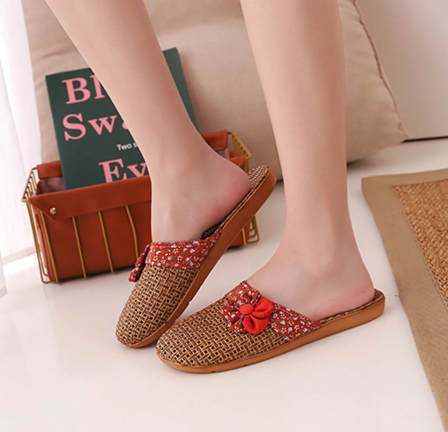 Woven Floral Natural Rattan House Slippers