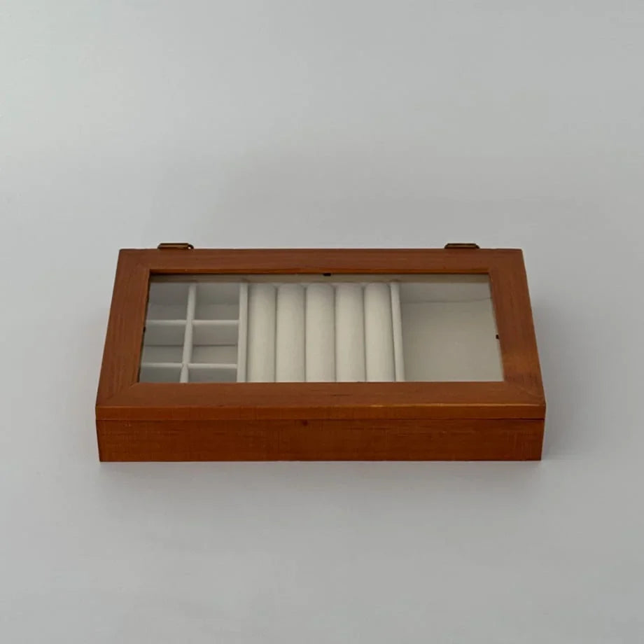 Polished Wood Jewelry Organizer with Glass Lid