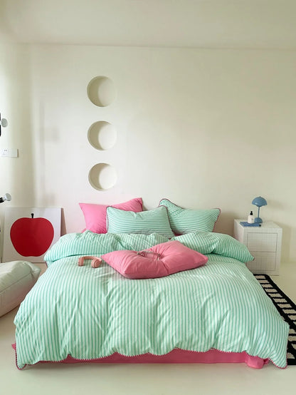 Soft Scalloped Striped Cotton Bedding Set