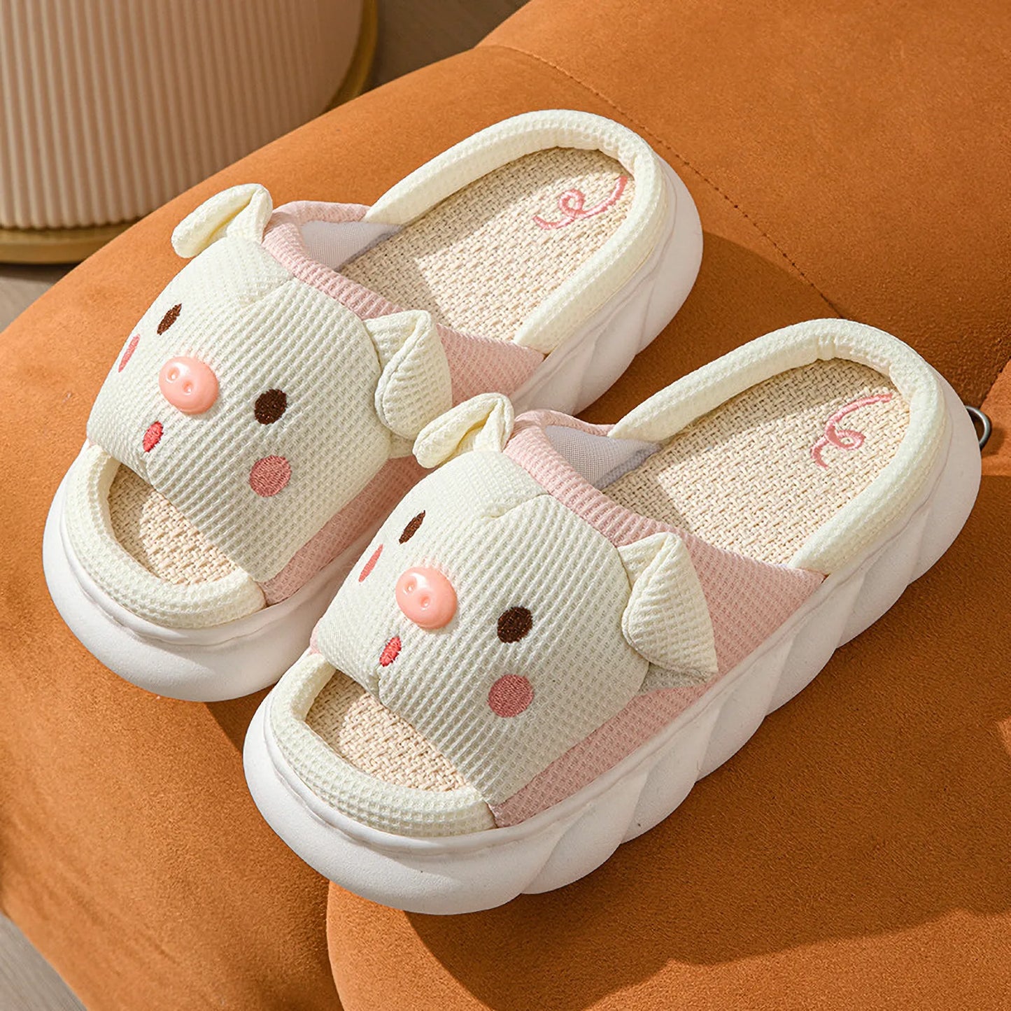 Waffle Textured Embroidered Pig Linen House Slippers