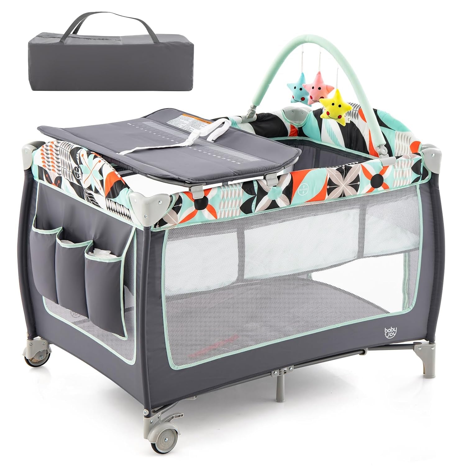 BABY JOY 4 in 1 Pack and Play, Portable Baby Playard with Bassinet, Side Zipper Door, Changing Table, Indoor Outdoor Travel Nursery Center W/Toy Bar, Lockable Wheels, Carry Bag