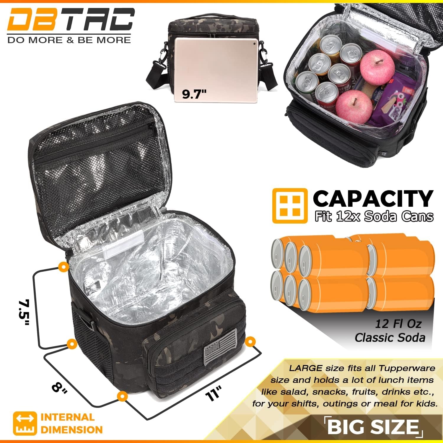 DBTAC Tactical Lunch Bag for Men Women, 12 Cans Insulated Lunch Box for Adult | 9L Leakproof Lunch Cooler Tote for Work Office Outdoor Travel | Soft Easy to Clean Liner X2, Black Camo Home & Kitchen Kitchen & Dining Lunch Bags Storage & Organization Travel & To-Go Food Containers