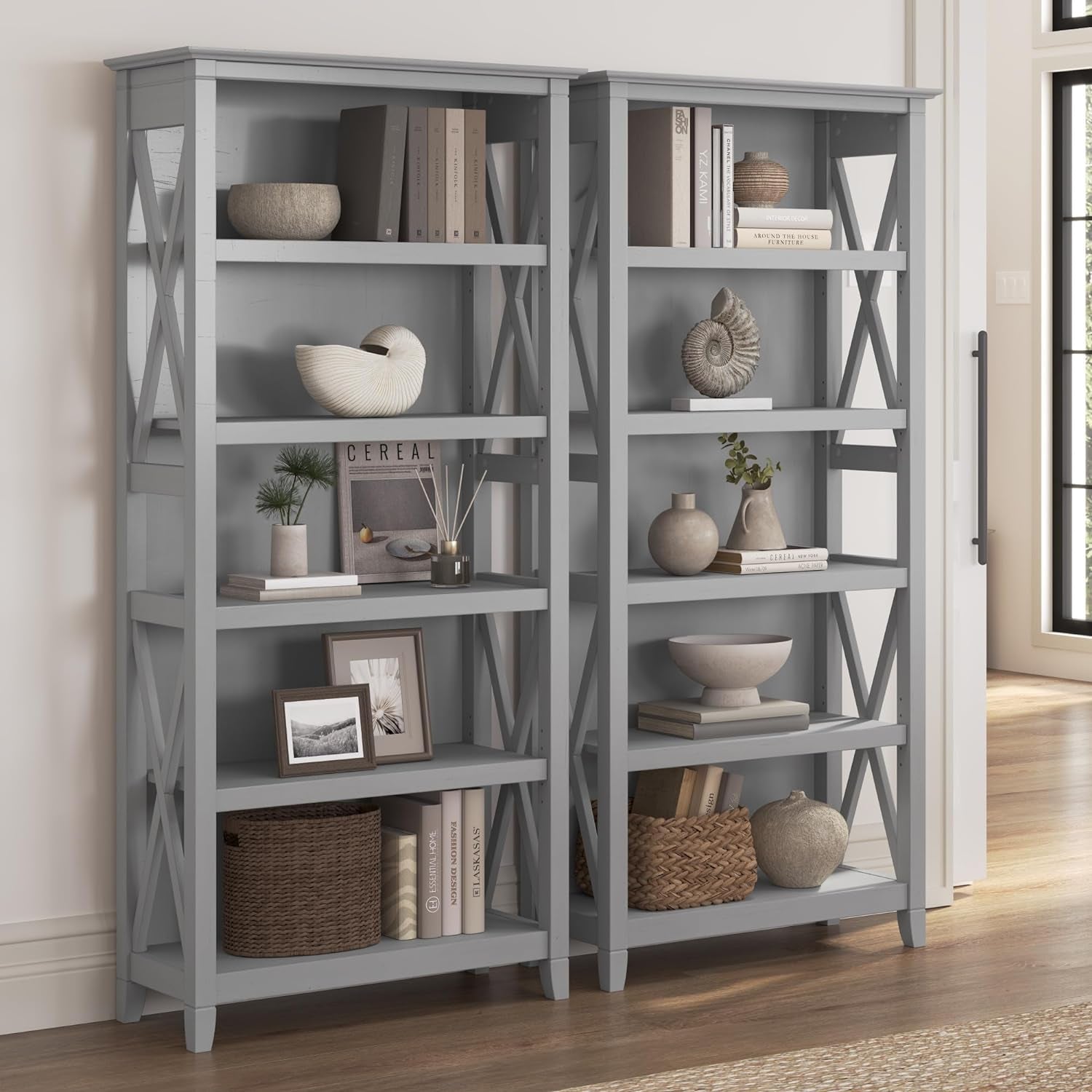 Bush Furniture 046CG Key West 5-Shelf 66-Inch H Bookcase Set, Cape Cod Gray Bookcases Furniture Home & Kitchen Home Office Furniture