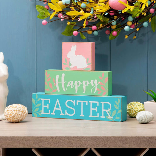 Glitzhome Wooden Block Table Sayings Happy Easter Bunny Holiday Decorations Signs, Multi-Color Decorative Accessories Decorative Signs & Plaques Home & Kitchen Home Décor Accents Home Décor Products