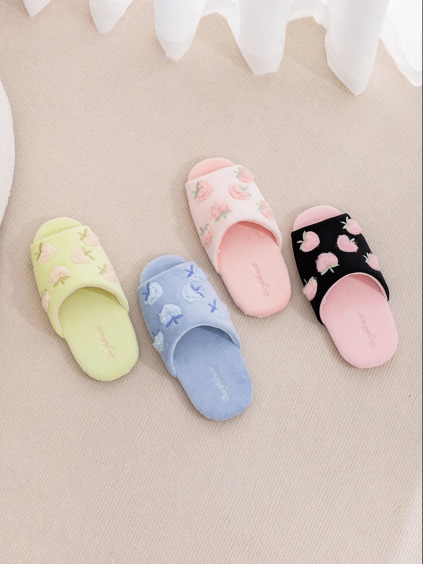 Fuzzy Peach Embroidered Plush Fleece Slides