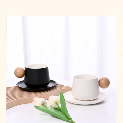 Frosted Ceramic Mug and Saucer with Wooden Ball Handle