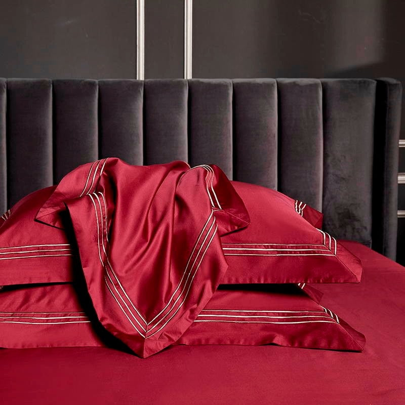Leila Red Embroidered Edge Egyptian Cotton Bedding Set