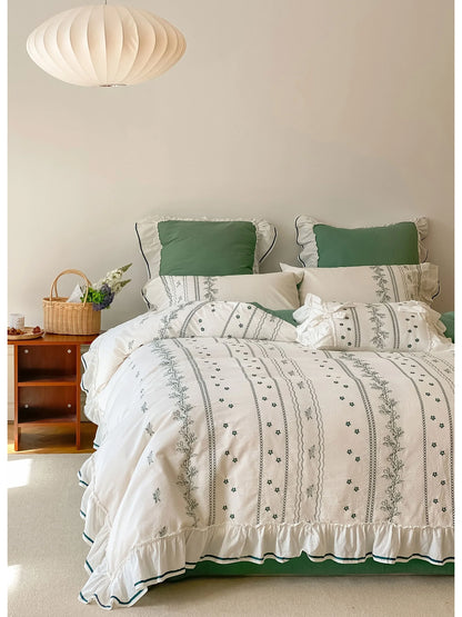 Ruffled Floral Vine Embroidered Cotton Bedding Set