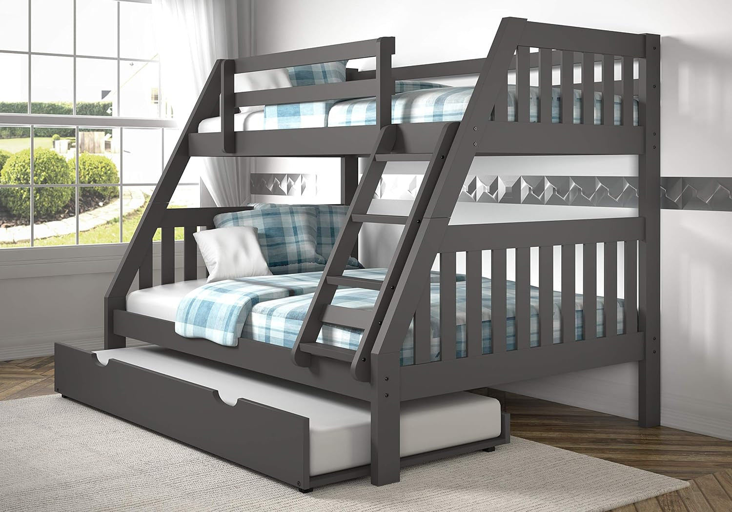 Donco Kids Austin Mission Twin over Full Dark Grey Bunkbed with Twin Trundle Bedroom Furniture Beds Frames & Bases Furniture Home & Kitchen