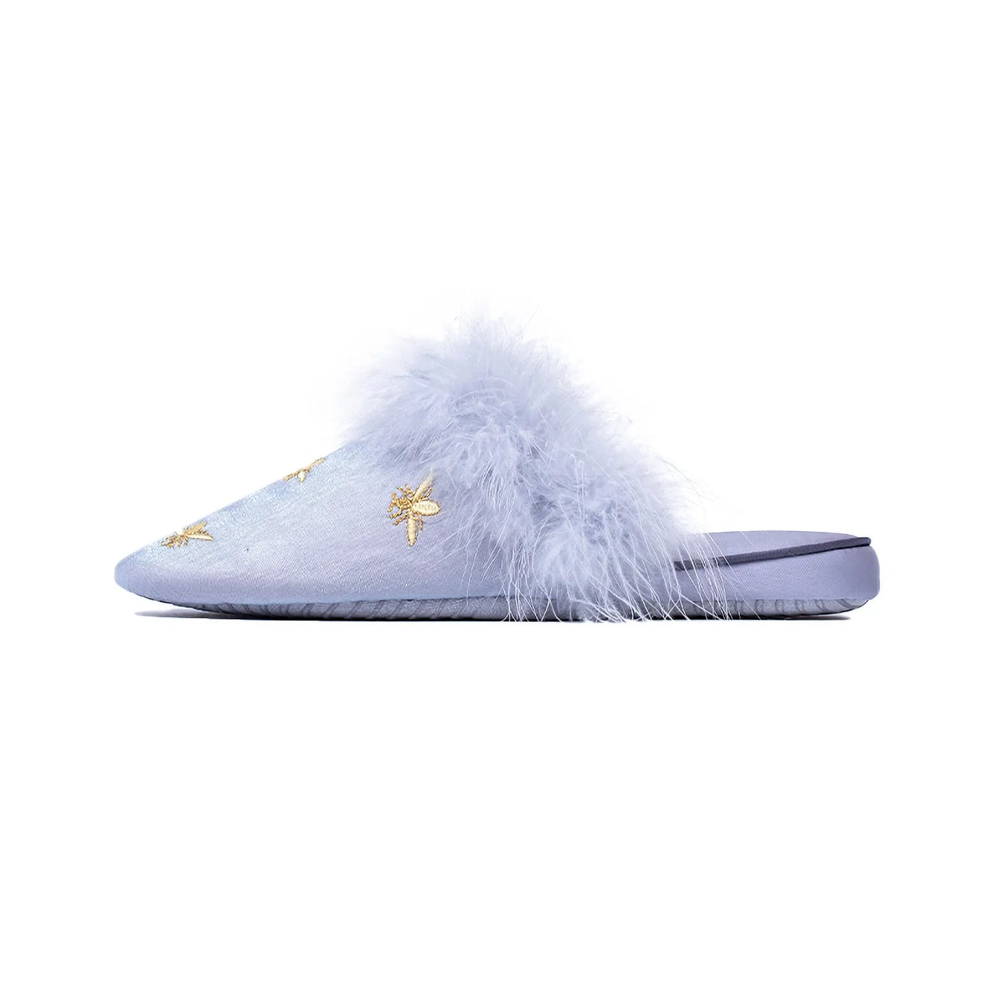 Fluffy Embroidered Bee Satin House Slippers