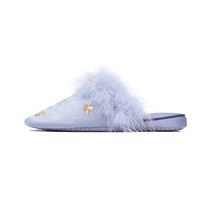 Fluffy Embroidered Bee Satin House Slippers