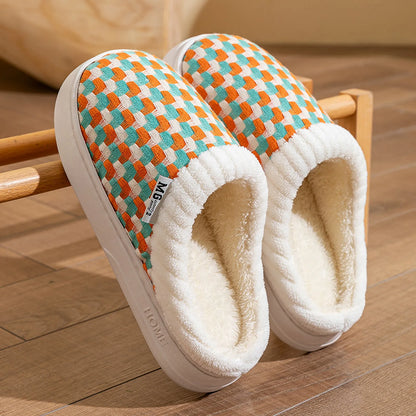 Fuzzy Woven Gingham Plush House Slippers