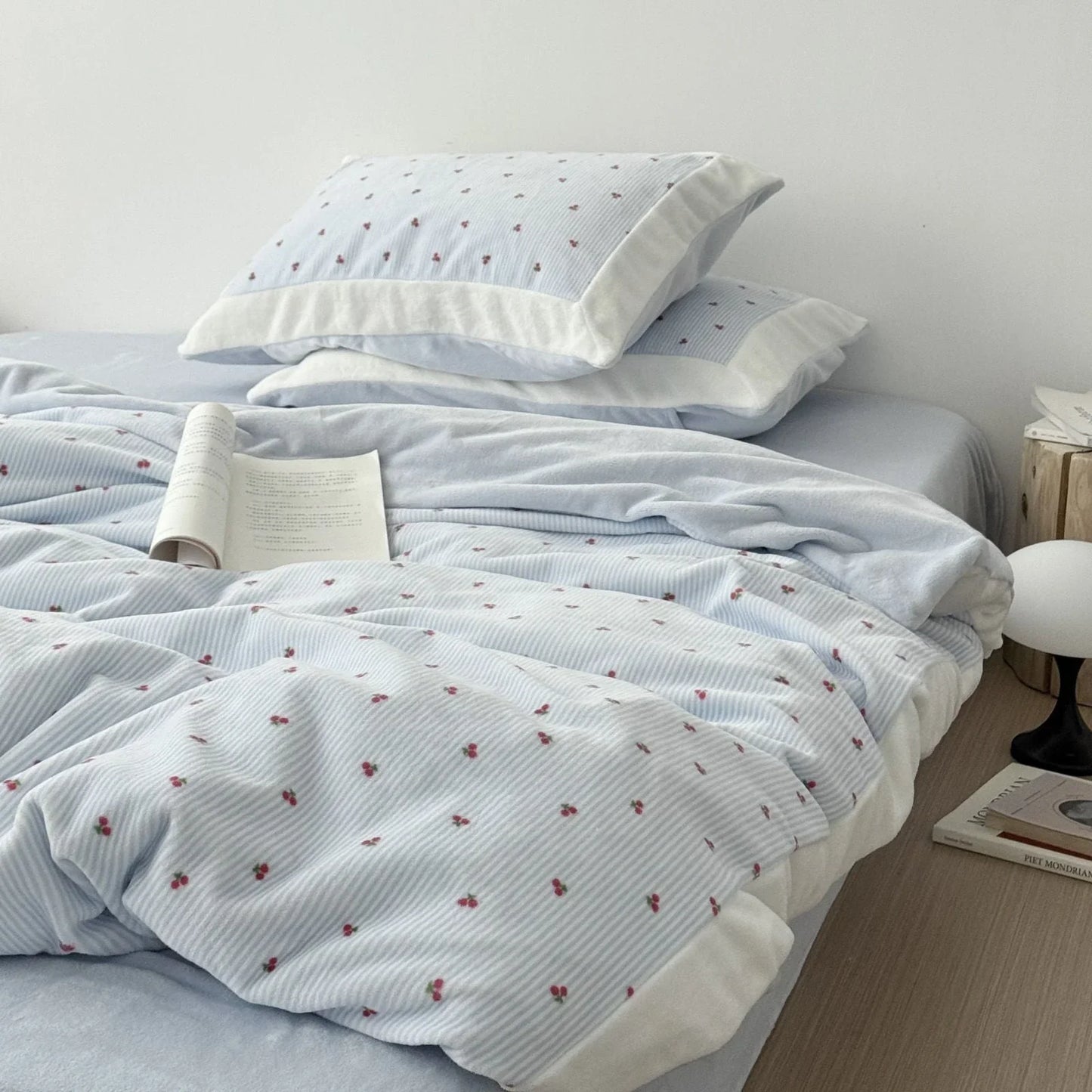 Plush Cherry Pinstripe Fleece Bedding Set