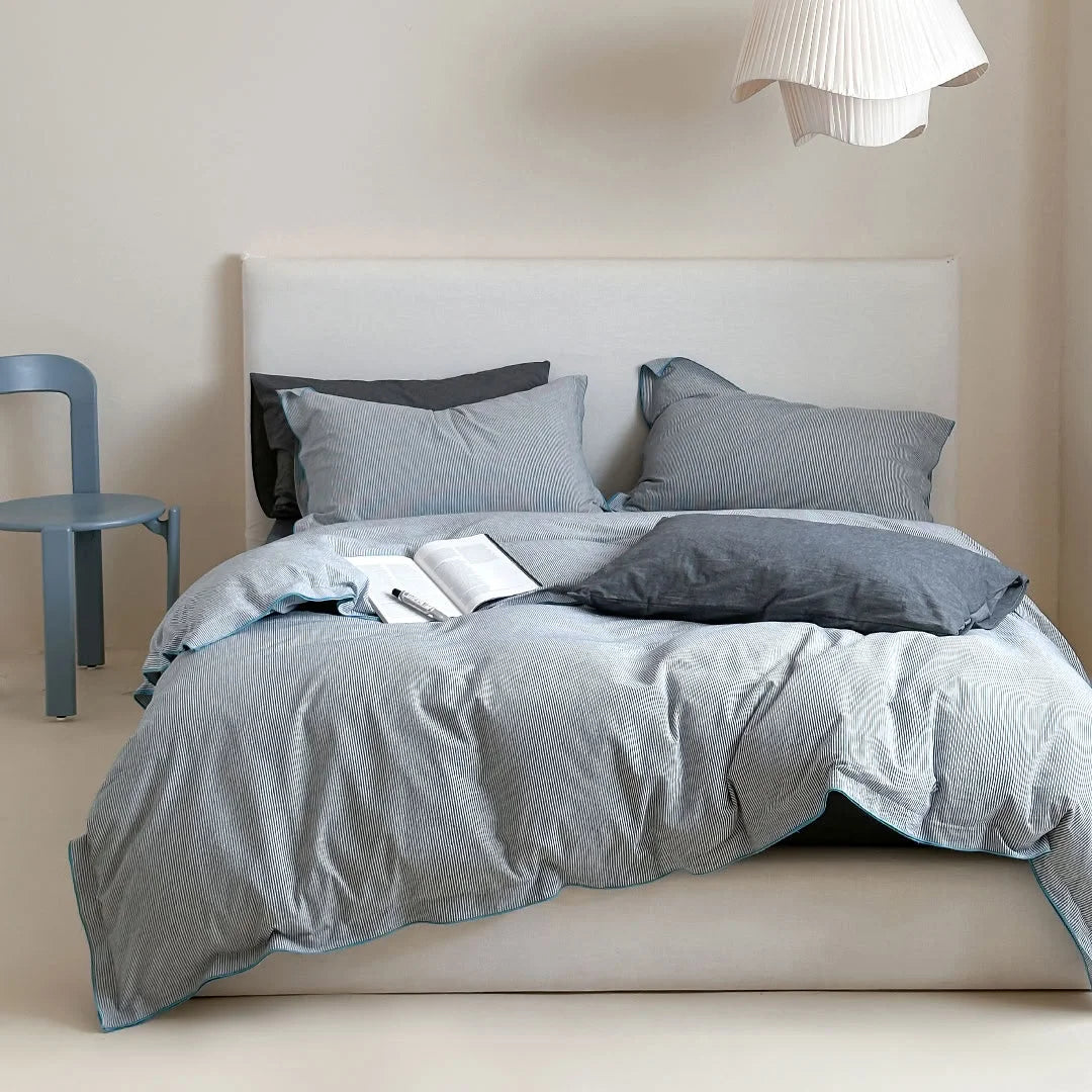 Soft Ruffle Pinstripe Washed Cotton Bedding Set