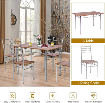 COSTWAY 5 Pieces Dining Room Table Set, Modern Kitchen Table Set with Metal Framework & Anti-Slip Pads, Dining Furniture Set with 4 High Back Chairs for Dining Room, Restaurant and Cafe (Natural Wood) Dining Room Furniture Furniture Home & Kitchen Table & Chair Sets