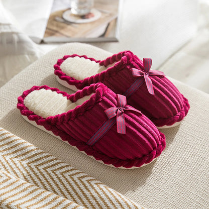 Plush Ribbed Bow Corduroy House Slippers