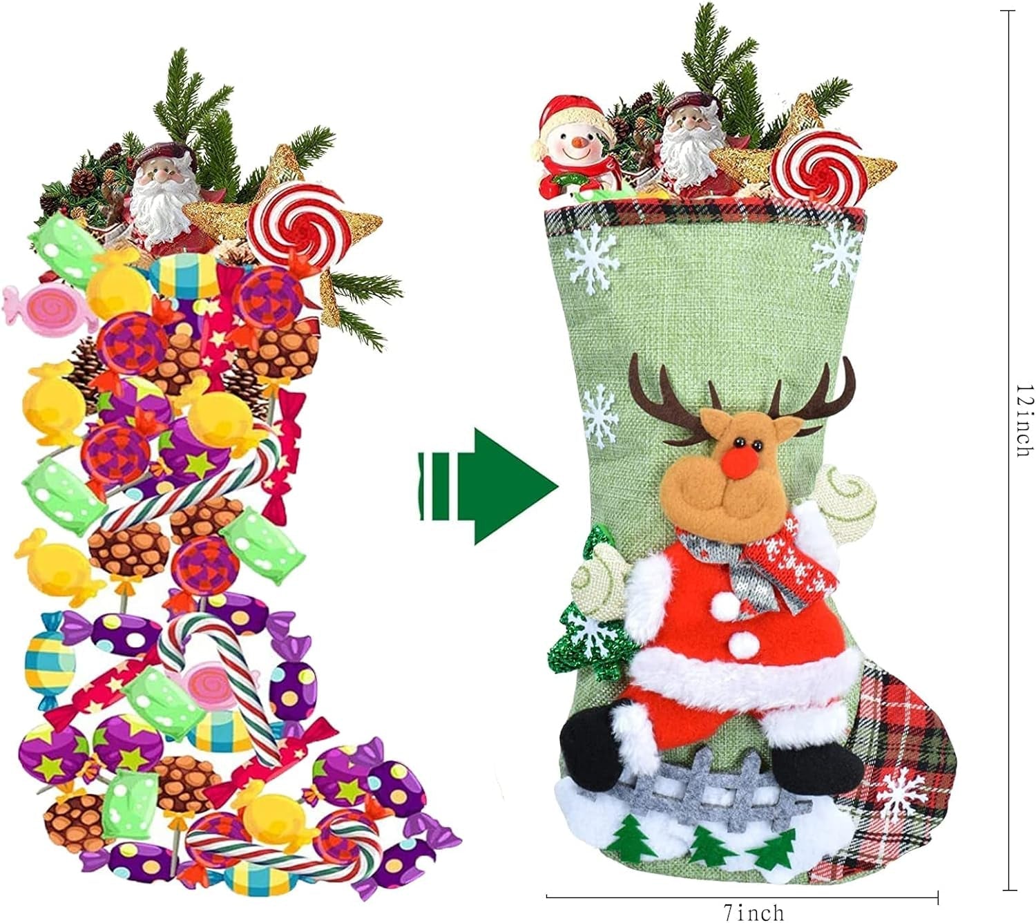 Christmas Stockings 12" Large Size, 3 Pcs Christmas Tote Gift Bags and Christmas Hat, Christmas Tree Decorations Gifts for Family Holiday Christmas Party Decoration, 40Pcs Christmas Ornament Hooks Home & Kitchen Ornament Hooks Seasonal Décor