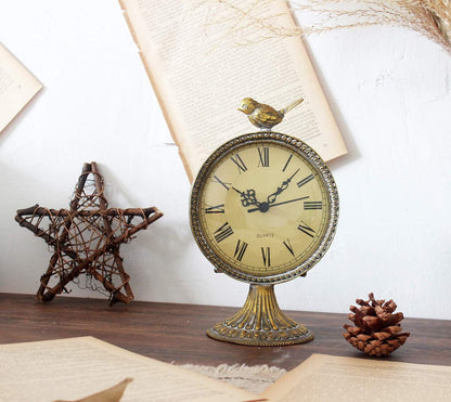 Funly Mee Vintage Pewter Table Clock with Cute Bird,Antique Gold Clocks Desk & Shelf Clocks Home & Kitchen Home Décor Products