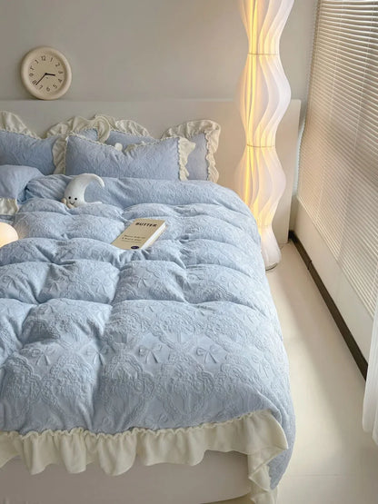 Plush Ruffled Embossed Bow Flannel Fleece Bedding Set