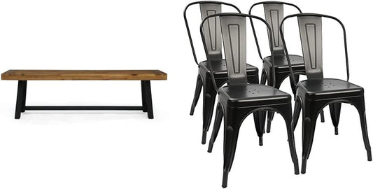 Christopher Knight Home Toby Outdoor Acacia Wood Bench, Sandblast Teak Finish and Black & Furmax Metal Dining Chair Indoor-Outdoor Use Stackable Classic Trattoria Chair Set of 4 (Black) Chairs Lawn & Garden Patio Patio Dining Chairs Patio Furniture & Accessories Patio Seating