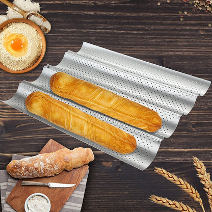 Fasmov 2 Pack Baguette Pan, 15" X 13"French Bread Baking Pan Nonstick Perforated Baguette Pan 4 Wave Loaves Loaf Bake Mold Toast Cooking Bakers Molding, Silver Bakeware Bread & Loaf Pans French Bread & Baguette Pans Home & Kitchen Kitchen & Dining