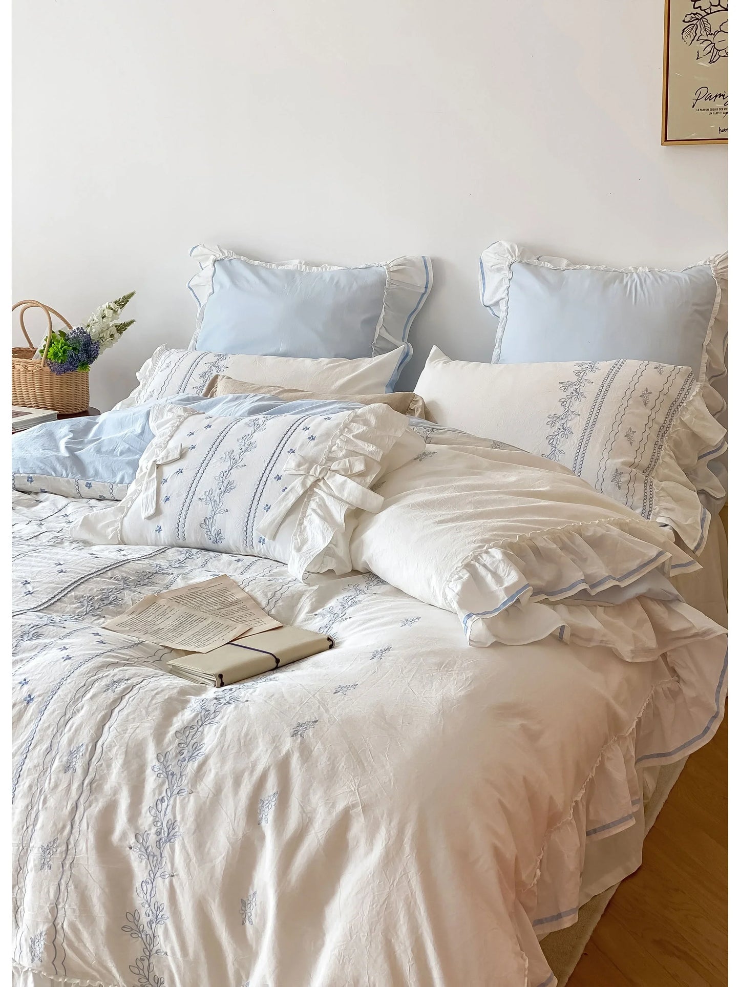 Ruffled Floral Vine Embroidered Cotton Bedding Set