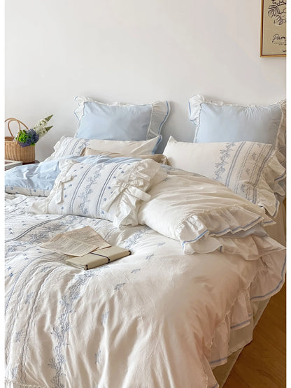 Ruffled Floral Vine Embroidered Cotton Bedding Set