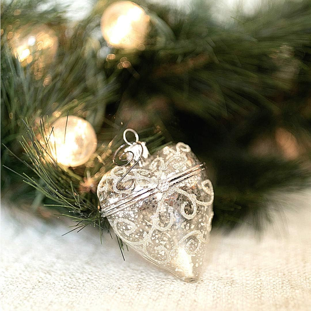 1 Silver Heart Mercury Christmas Glass Ornament - Vintage Look Heirloom Quality Holiday Decoration. Opens to Add Small Gifts - Includes 6 Swirl Hooks Hanging Ornaments Home & Kitchen Home Décor Accents Home Décor Products