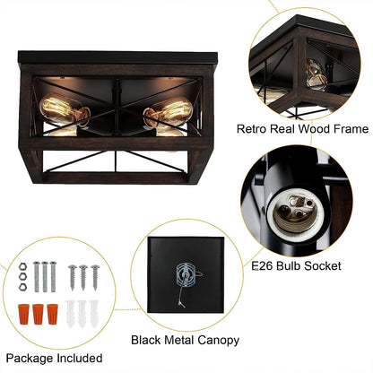 Wooden Flush Mount Ceiling Light, 4-Light Rustic Farmhouse Light Fixtures, Industrial Square Ceiling Light Fixture with E26 Socket for Kitchen Entryway Living Room Dining Room Bedroom Ceiling Lights Close To Ceiling Lights Lighting & Ceiling Fans Tools & Home Improvement