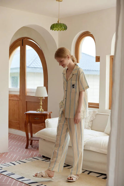 Cat Embroidered Striped Double Gauze Pajama